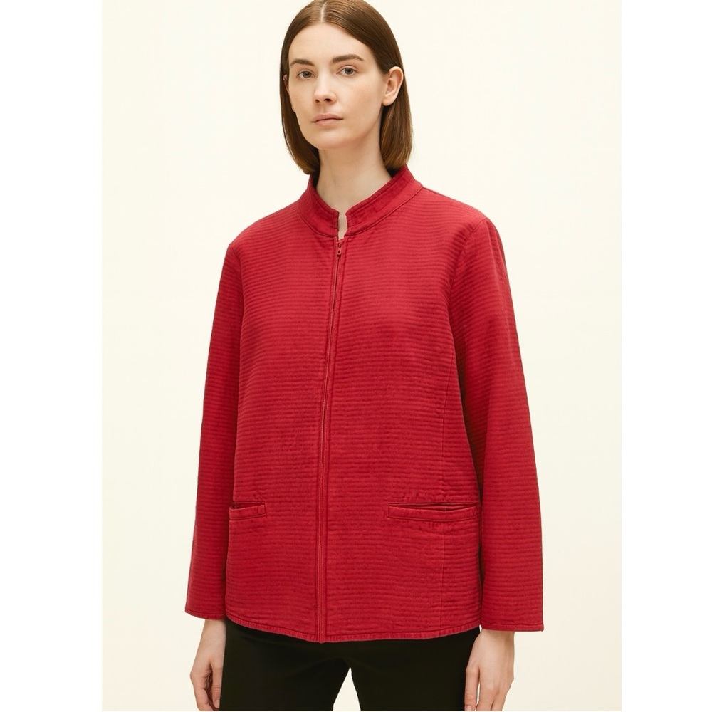 Eileen Fisher Red Cotton Textured Zip Jacket Sz 1X Pockets Casual Chic Mature